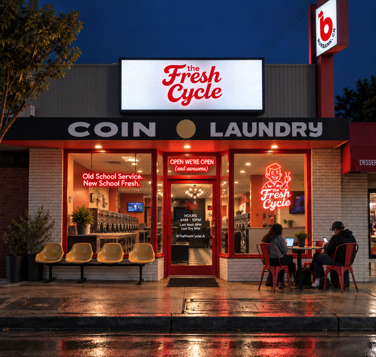 The Fresh Cycle storefront glowing at night, customers washing inside and one working on a laptop at the sidewalk table